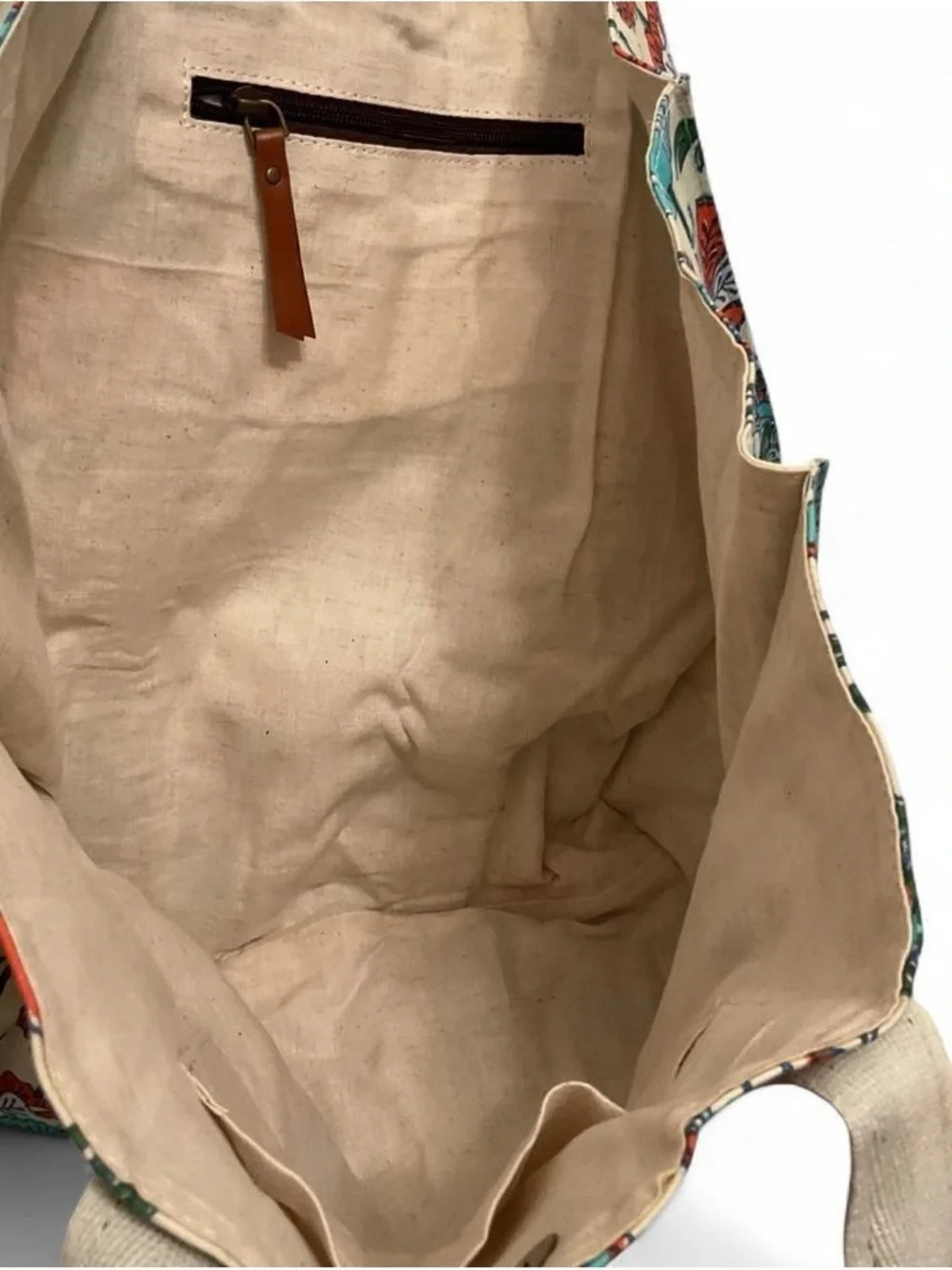 Canvas Floral Tote Bag with Brown Trim - Multicolor